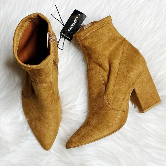 Express Suede Chunky Heel Booties Brown Size 6.5 - Picture 1 of 7